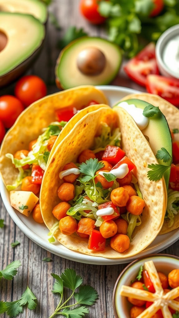 Spicy chickpea tacos with crispy chickpeas, lettuce, tomatoes, and avocado on corn tortillas, garnished with cilantro.